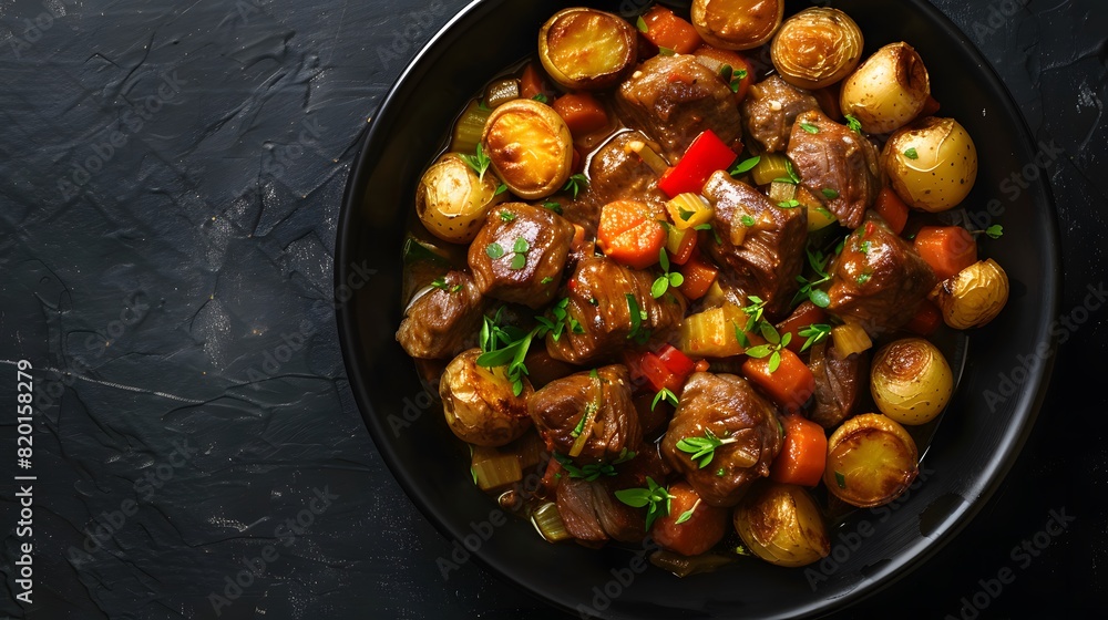 Rustic Beef Stew with Roasted Vegetables, Hearty Beef Stew with Carrots and Potatoes in Black Bowl on Dark Background, copy space for mockup template banner Rustic Beef Stew with Roasted Vegetables, Hearty Beef Stew with Carrots and Potatoes in Black Bowl on Dark Background, copy space for mockup template banner