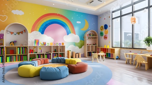 Fun and engaging children's playroom with variety of toys, vibrant decor, ample natural light from large windows photo