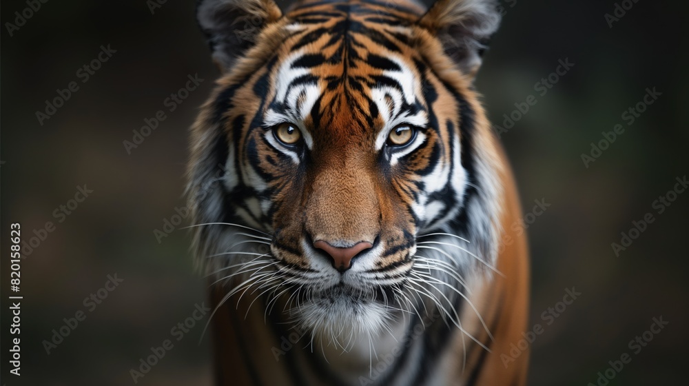 Detailed view of a tigers face against a blurred backdrop Detailed view of a tigers face against a blurred backdrop