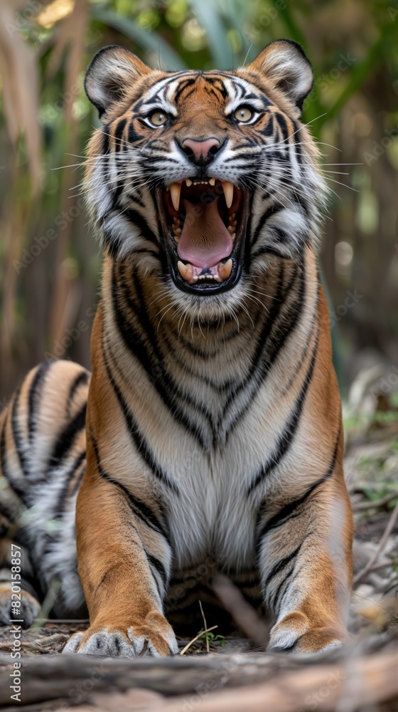 Obraz premium A tiger sitting on the ground yawning