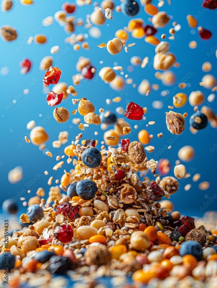 Energetic outdoor scene of mixed vegan snacks tossed high against a clear blue sky, midaction photo