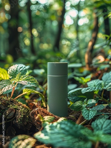 Mint deodorant with a spray trail captured in a lively forest setting, emphasizing freshness and energy photo