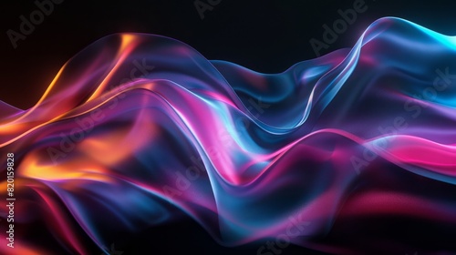 Abstract fluid 3D render with a black background and holographic, iridescent neon curved wave in motion