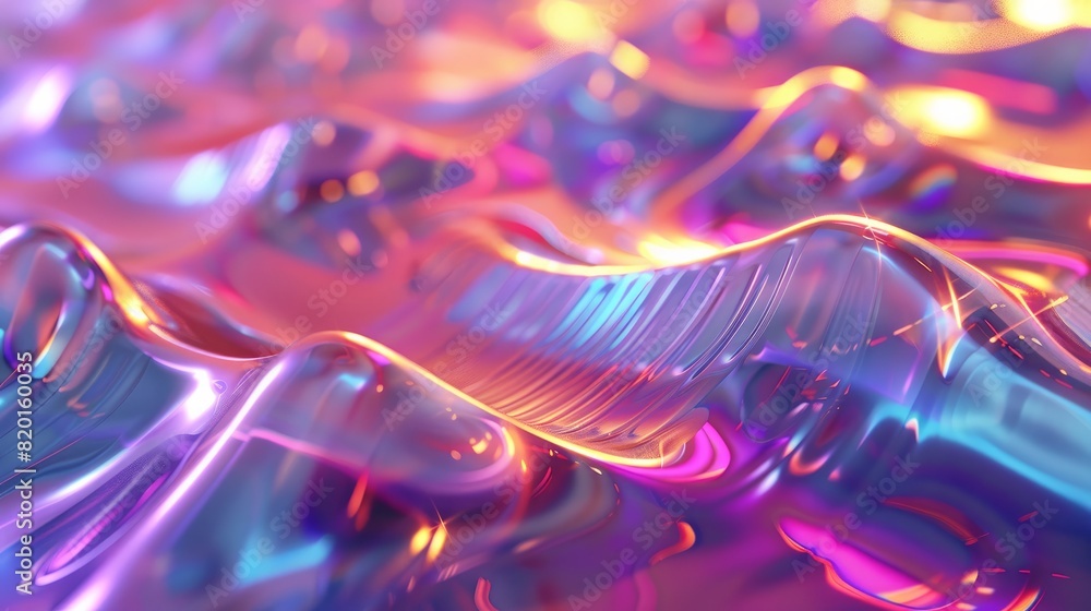 An abstract 3D render featuring a bright gradient wave pattern and iridescent holographic light emitting glass An abstract 3D render featuring a bright gradient wave pattern and iridescent holographic light emitting glass