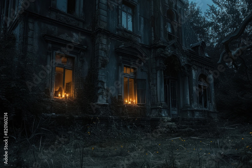 Eerie view of a haunted house with warmly lit windows nestled in a dark  overgrown forest  creating a spooky atmosphere.