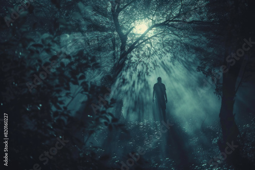 Mysterious figure wandering alone through a dense  foggy forest under moonlight  creating an unsettling atmosphere