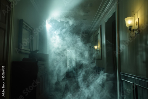 Eerie ghostly apparition materializing in a dimly lit corridor, surrounded by mist and an unsettling silence. photo