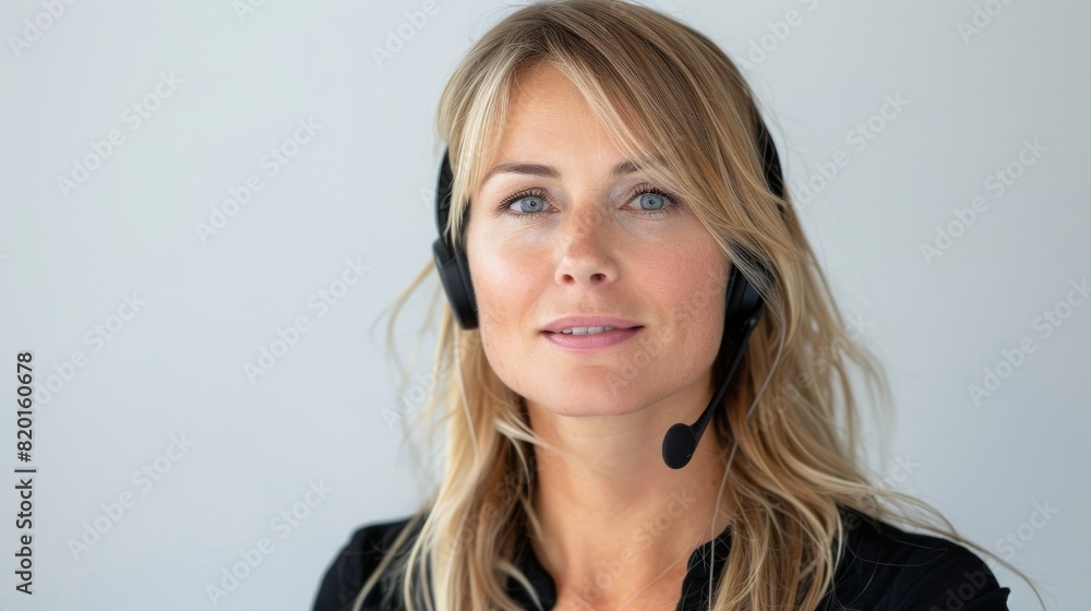 a portrait style photograph of a beautiful blonde customer service woman looking directly at the camera on a headset, white background a portrait style photograph of a beautiful blonde customer service woman looking directly at the camera on a headset, white background