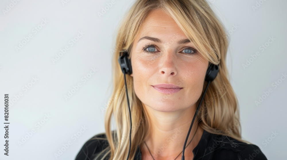 a portrait style photograph of a beautiful blonde customer service woman looking directly at the camera on a headset, white background a portrait style photograph of a beautiful blonde customer service woman looking directly at the camera on a headset, white background