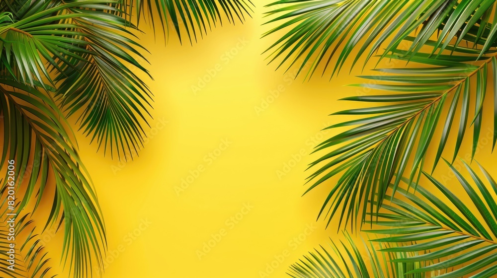 Palm tree with tropical leaves on a yellow background with a place for text. The concept of recreation, tourism and sea travel. Palm tree with tropical leaves on a yellow background with a place for text. The concept of recreation, tourism and sea travel.