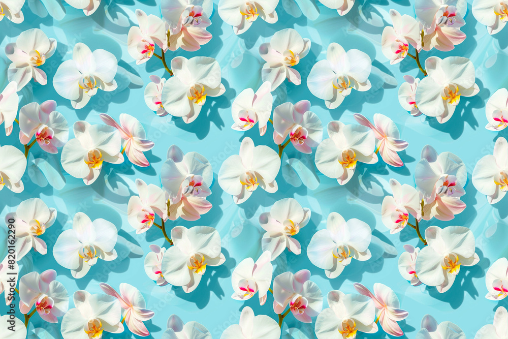 Orchids pattern with white and pink flowers on a light blue seamless ...