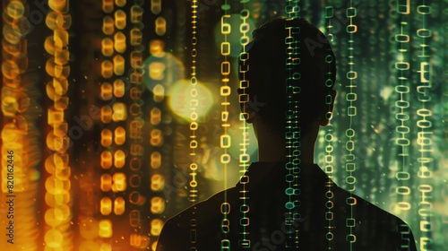 Silhouette of a person in front of a digital matrix background with glowing numerical data, representing technology, coding, and cybersecurity.