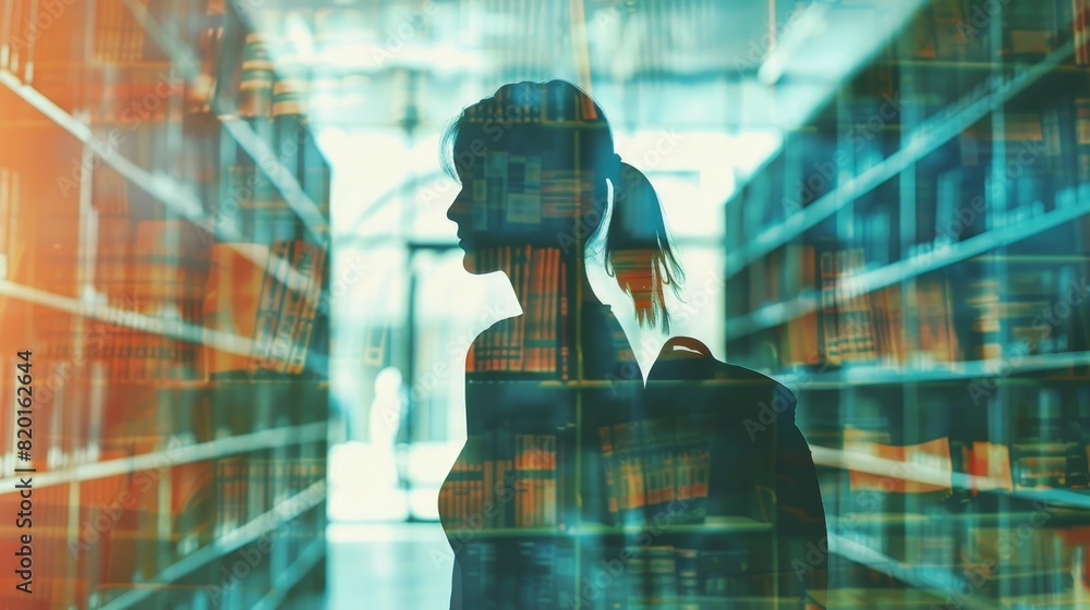 Silhouette of a woman with a backpack in a library. Conceptual image combining study, learning, and technology. Silhouette of a woman with a backpack in a library. Conceptual image combining study, learning, and technology.