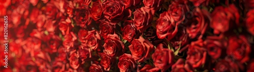 A beautiful wall covered in an abundance of lush  vibrant red roses  creating a romantic and enchanting floral backdrop.
