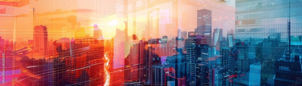 A vibrant cityscape at sunset with colorful reflections on skyscrapers, showcasing a blend of modern architecture and urban energy. A vibrant cityscape at sunset with colorful reflections on skyscrapers, showcasing a blend of modern architecture and urban energy.
