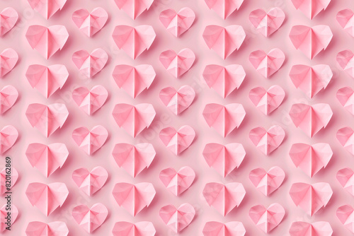 Seamless pattern of pink origami hearts on a light pink background. Cute and romantic design perfect for Valentine s Day decor and textiles.