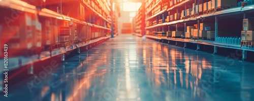 An empty aisle in a warehouse with neatly organized shelves under bright lighting. Perfect for business and storage-related concepts.