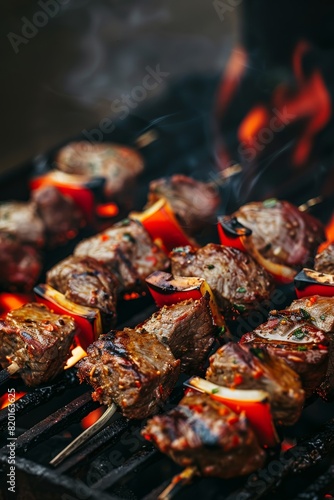 Outdoor barbecue: delicious meat and vegetable skewers on dark blurry background