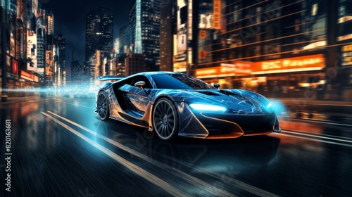 a modern high speed car rushes down the street of a night city, engulfed in flames or plasma, street lights, road, blurred motion