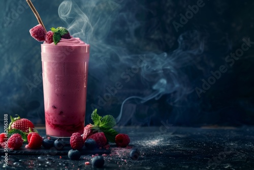 Overflowing with flavor: Munde Berry Smoothie on a blurred dark background photo