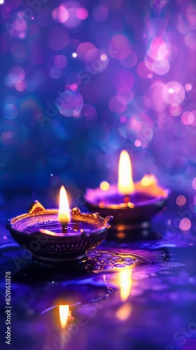 Diwali Purple Illumination  Bright Oil Lamp Diyas on Purple Background for Festive Celebration  Happy Diwali