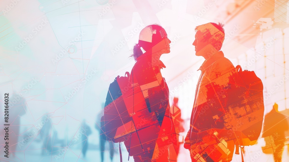 Fototapeta premium Double exposure of young travelers with backpacks in a busy airport terminal, signifying journey and adventure.