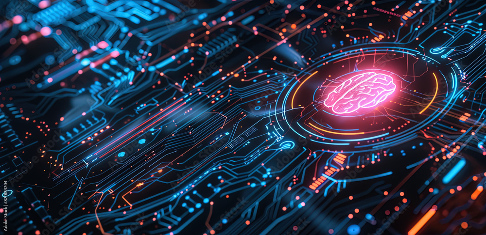 Futuristic Circuit Board with Illuminated Brain Icon - Artificial intelligence Futuristic Circuit Board with Illuminated Brain Icon - Artificial intelligence