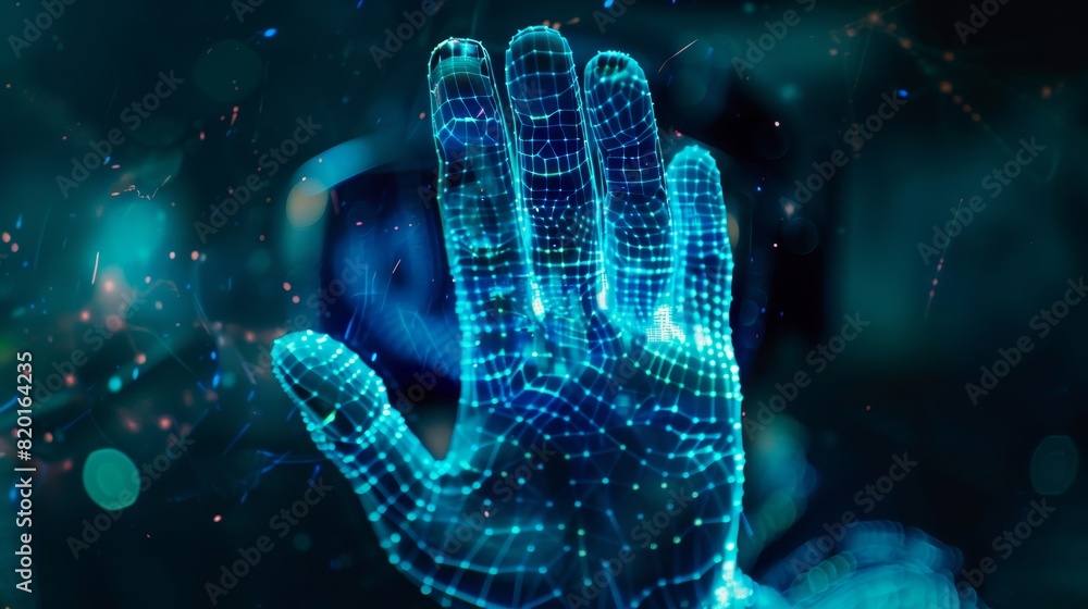 Futuristic digital hand model in blue tones with data visualization elements, representing technology and artificial intelligence. Futuristic digital hand model in blue tones with data visualization elements, representing technology and artificial intelligence.