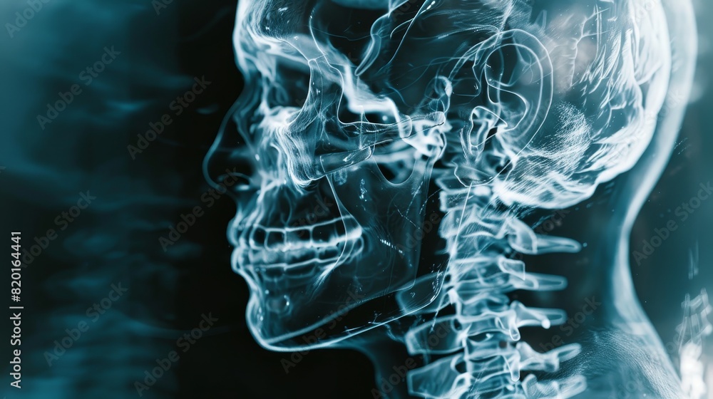 Medical X-ray image of a human skull and spine, showcasing detailed anatomy for educational and healthcare purposes. Medical X-ray image of a human skull and spine, showcasing detailed anatomy for educational and healthcare purposes.