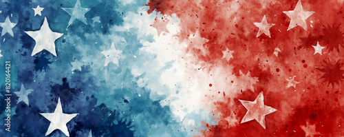 Watercolor abstract American flag stars background. Vibrant red, white and blue 8k banner, poster or greeting card or social media backdrop for Independence, Memorial Day or patriotic celebrations