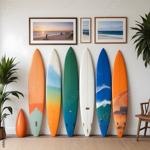  A row of colorful surfboards on a beach at sunset , with the sun setting over the ocean in the background