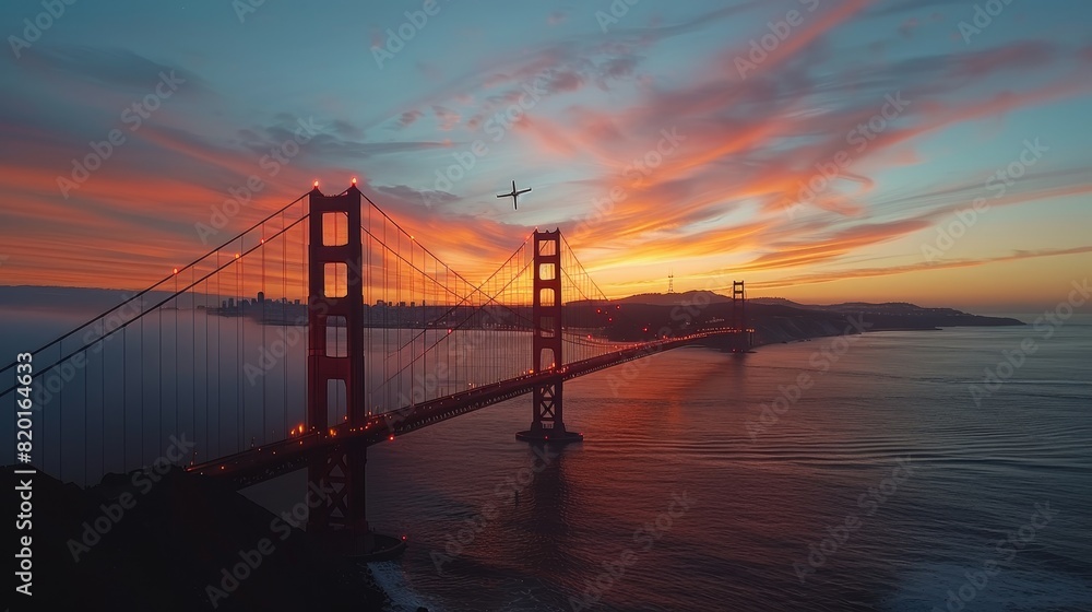 Golden Gate Bridge at dawn, with fog rolling over the bridge into the bay, captured from a bird's view Golden Gate Bridge at dawn, with fog rolling over the bridge into the bay, captured from a bird's view