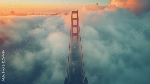 Golden Gate Bridge at dawn, embraced by fog cascading into the bay, seen from above photo