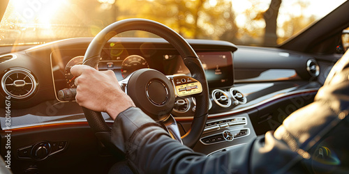 Driver Holding Steering Wheel in Modern Car.