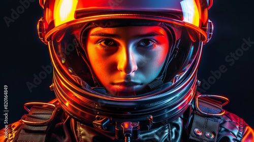 Portrait of a beautiful young woman in a spacesuit. She is looking into the camera. Space image. An exploration of the science fiction universe. Concept of the future. Illustration for varied design.