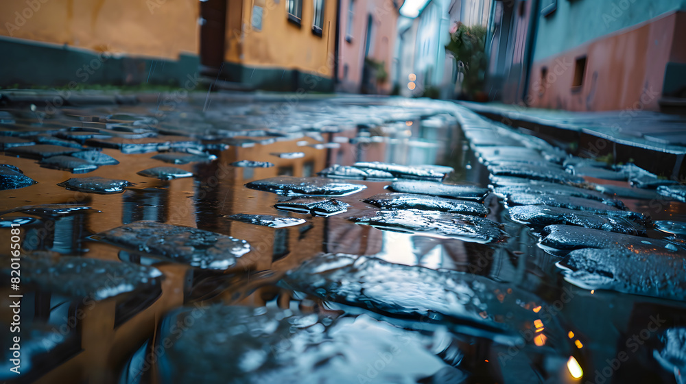 An alley during a rainy day with reflections on the wet cobblestone surface.