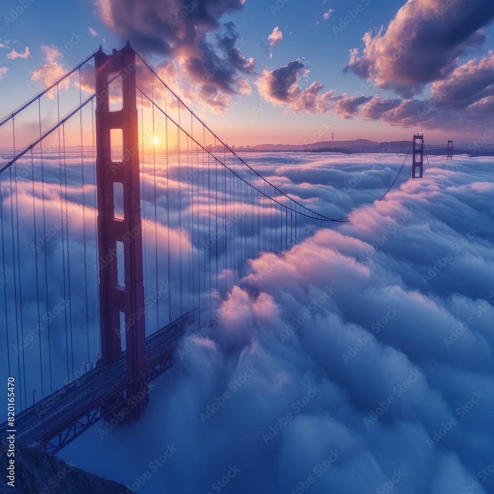 Fototapeta premium Golden Gate Bridge in dawn fog showcases historical charm with soft morning hues, full span view