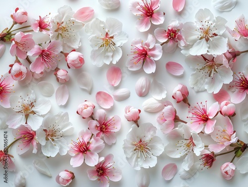 Delicate pink and white cherry blossom flowers scattered artistically on a white background, evoking a sense of spring and tranquility.