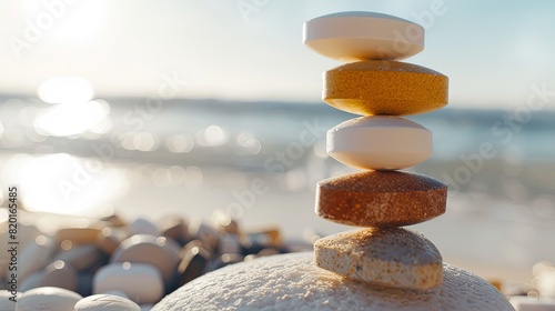 The tablets are stacked vertically on a sandy seashore. Natural biologically active supplement. The concept of combining recreation and health care. Design for advertising, marketing or presentation. photo