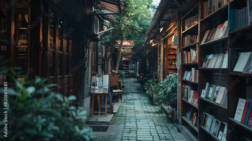 An alley with a small bookshop and cafe inviting passersby to explore and relax.