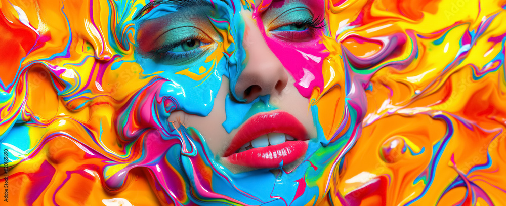 Abstract woman's face submerged in vibrant, swirling paint with combination of colors and fluid patterns Abstract woman's face submerged in vibrant, swirling paint with combination of colors and fluid patterns