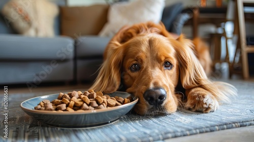 Golden Retriever laying on the floor next to a bowl of dog food  looking sad and uninterested. Cozy living room setting in the background.