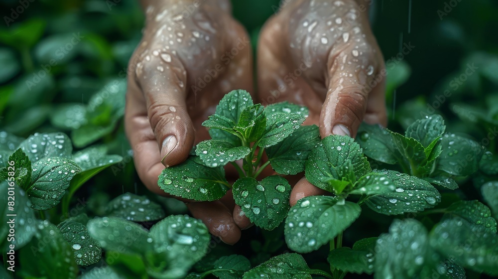 Fototapeta premium Organic farming, closeup of hands harvesting fresh herbs, morning dew