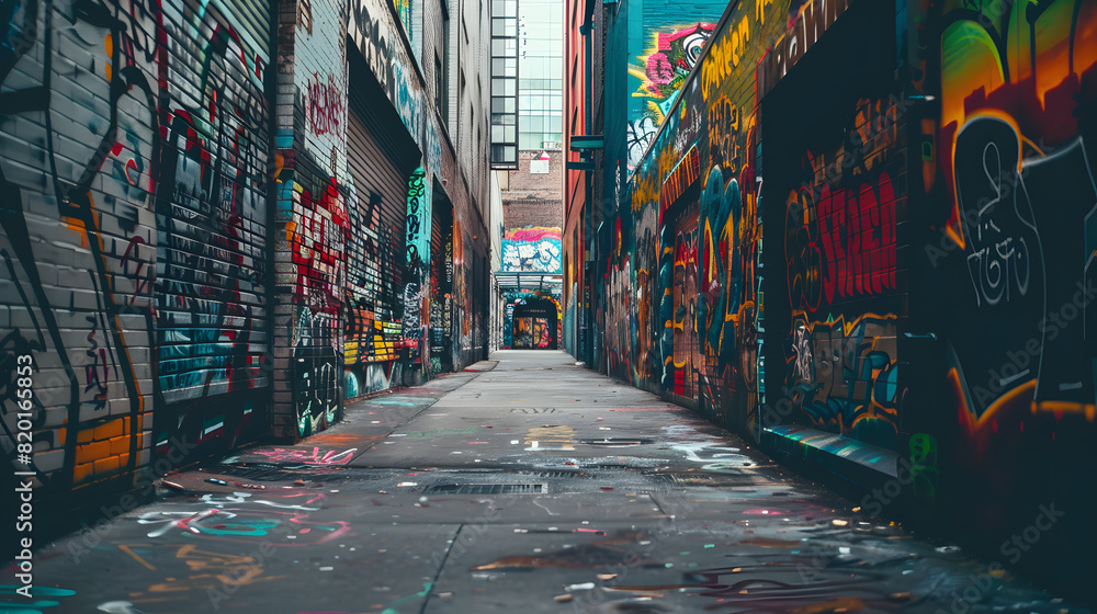 Fototapeta premium An artistically graffiti-covered alley in a vibrant urban area.