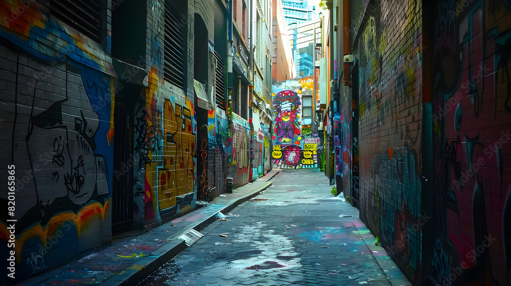 Fototapeta premium An artistically graffiti-covered alley in a vibrant urban area.