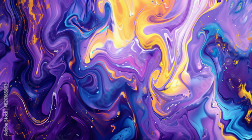 Vibrant abstract fluid art backdrop featuring swirling blue  purple  and yellow