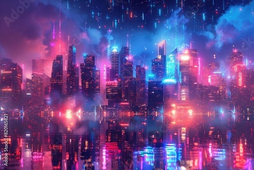 A digital painting of a cyberpunk city at night. The city is full of skyscrapers and neon lights. The sky is dark and cloudy. The city is reflected in the water below.