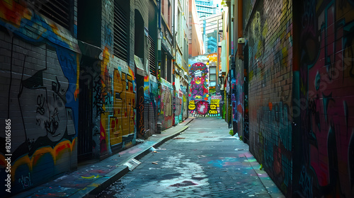 An artistically graffiti-covered alley in a vibrant urban area.