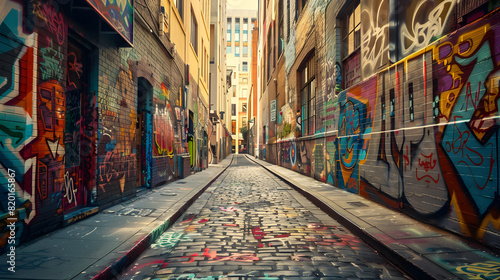 An artistically graffiti-covered alley in a vibrant urban area. photo