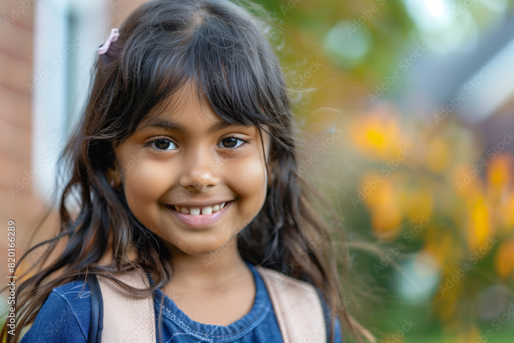 Happy Indian Girl with Backpack Outside Ready for Back to School or Hiking Adventure Happy Indian Girl with Backpack Outside Ready for Back to School or Hiking Adventure